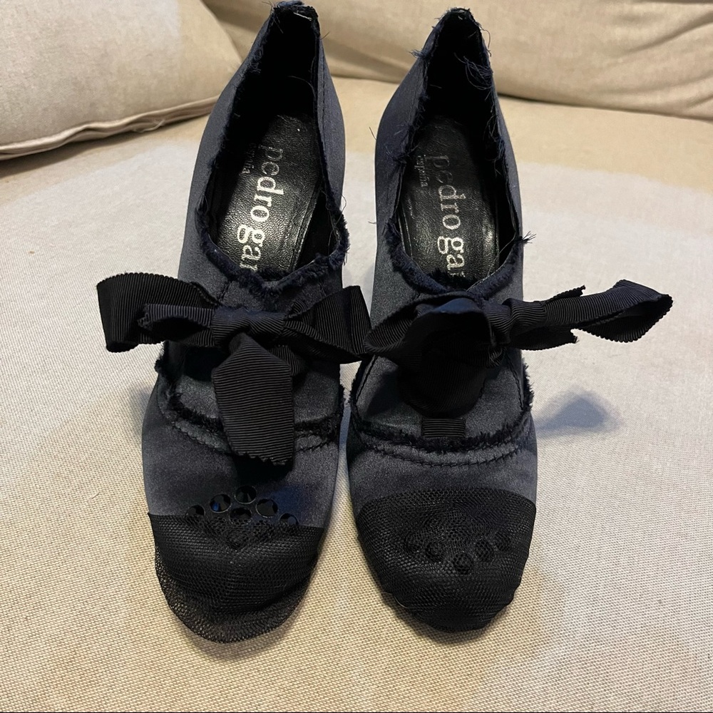 Pedro Garcia Satin Rhinestone Lace-Up Heeled Ankle Booties in Navy